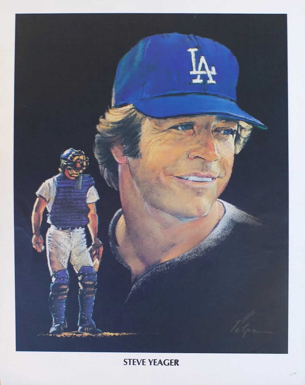 A portrait of Steve Yeager, a baseball player, with a giant baseball glove in the background. He is wearing a Los Angeles Dodgers cap.