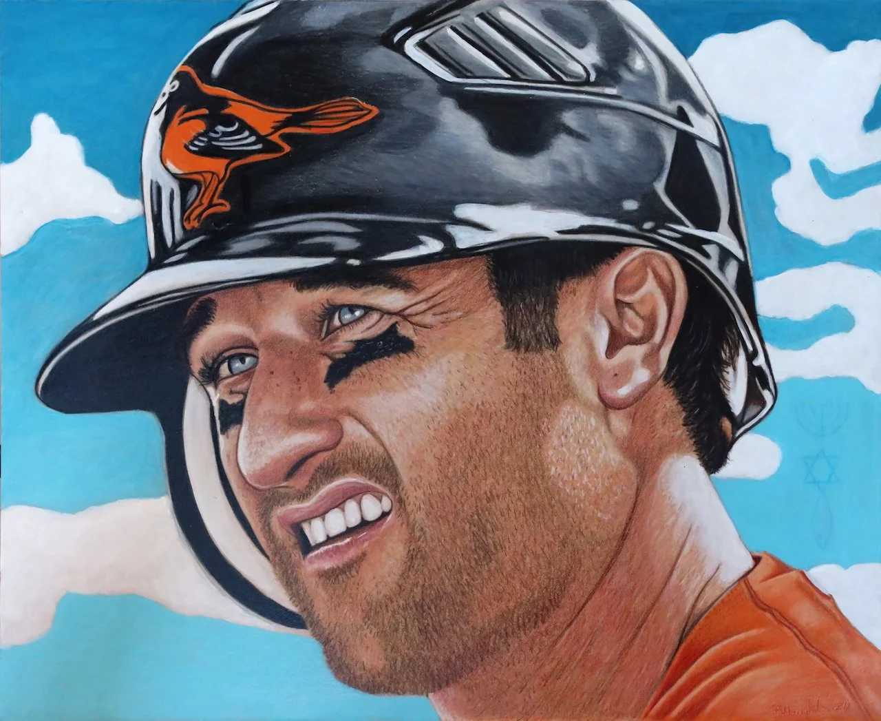 A detailed painting of a man with blue eyes and black eye black, wearing a black helmet with an orange logo of a bird, set against a blue sky with white clouds.