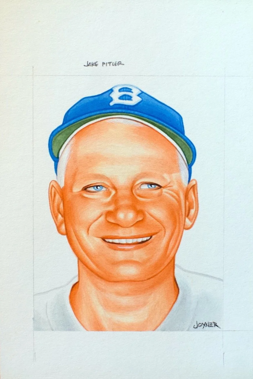 Colorful portrait of a smiling man wearing a blue cap with the number 8, with visible teeth, blue eyes, and light skin.
