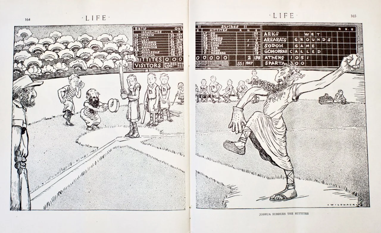 Illustration from a book depicting the biblical story of Joshua commanding the Israelites to fight the Hittites. On the left, soldiers and spectators are gathered in a stadium, with a scoreboard showing scores. On the right, Joshua is shown with a raised arm, leading the Israelites into battle against the Hittites, who are depicted as larger, more intimidating figures.