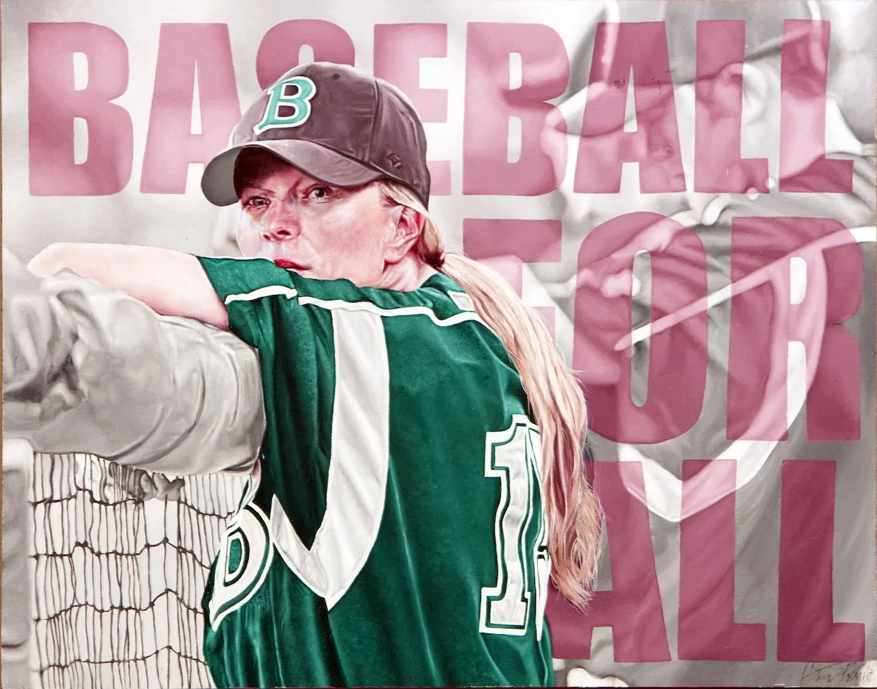 A woman with blonde hair wearing a dark baseball cap and a green and white sports jersey, resting her arm on a baseball glove, with a sign saying 'BASEBALL' in the background.
