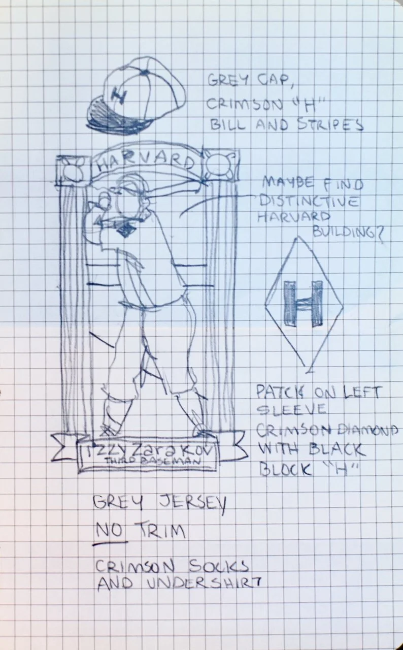 Hand-drawn sketch of a sports uniform, including a grey jersey with crimson socks and under shirt, and a patch with an 'H' on the left sleeve. The sketch mentions Harvard and features a mascot figure, a bear, with handwritten notes about design elements such as stripes, the grey jersey, and the patch.