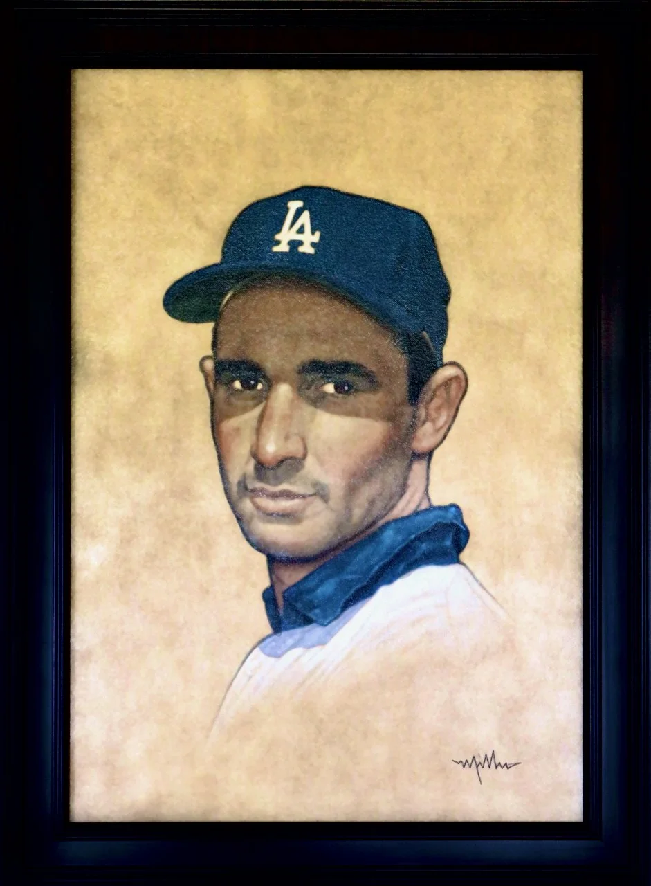A portrait of a baseball player wearing a Los Angeles Dodgers cap, painted in a realistic style with a beige background.