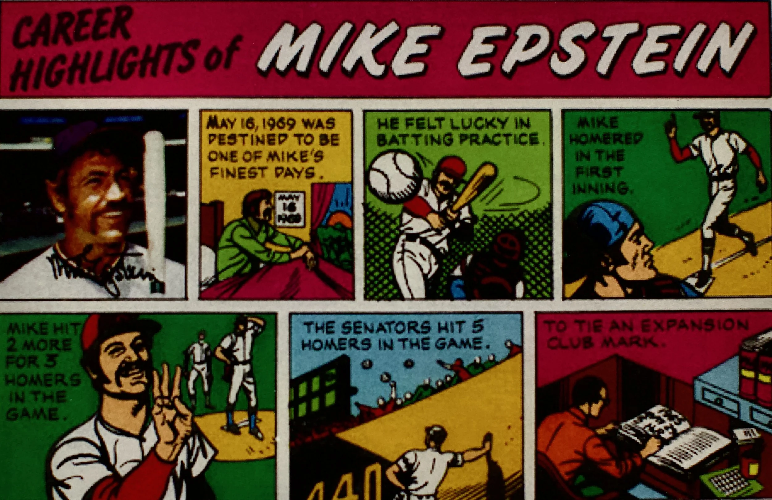 Comic strip highlighting Mike Epstein's career, including a photo of him, a note about May 16, 1969, his batting practice, and hitting in his first inning.