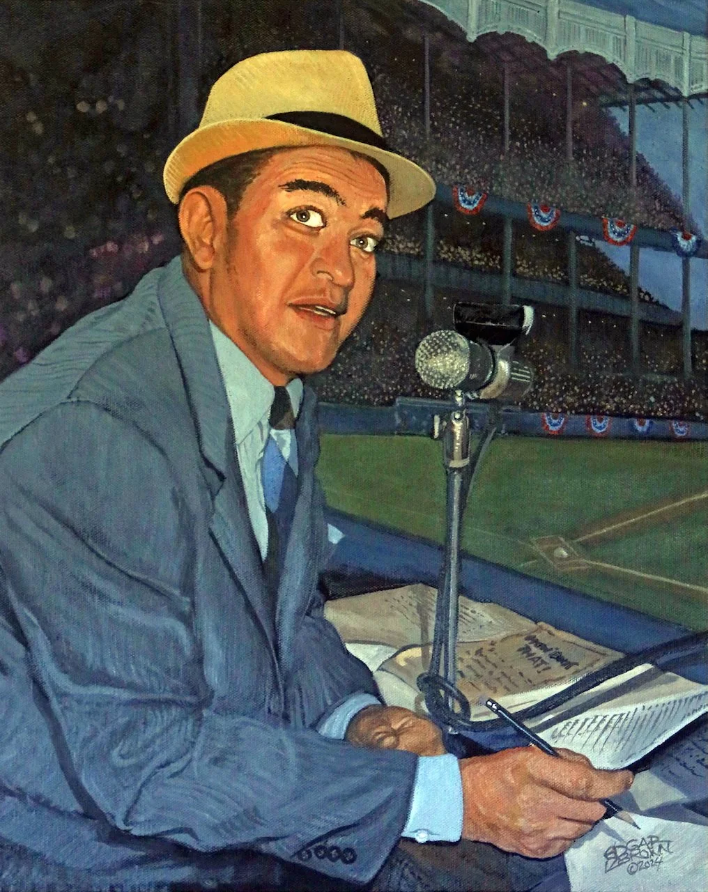A painting of a broadcaster at a baseball stadium, wearing a suit and fedora, sitting at a desk with a microphone, notes, and a pen, with the stadium and audience in the background.