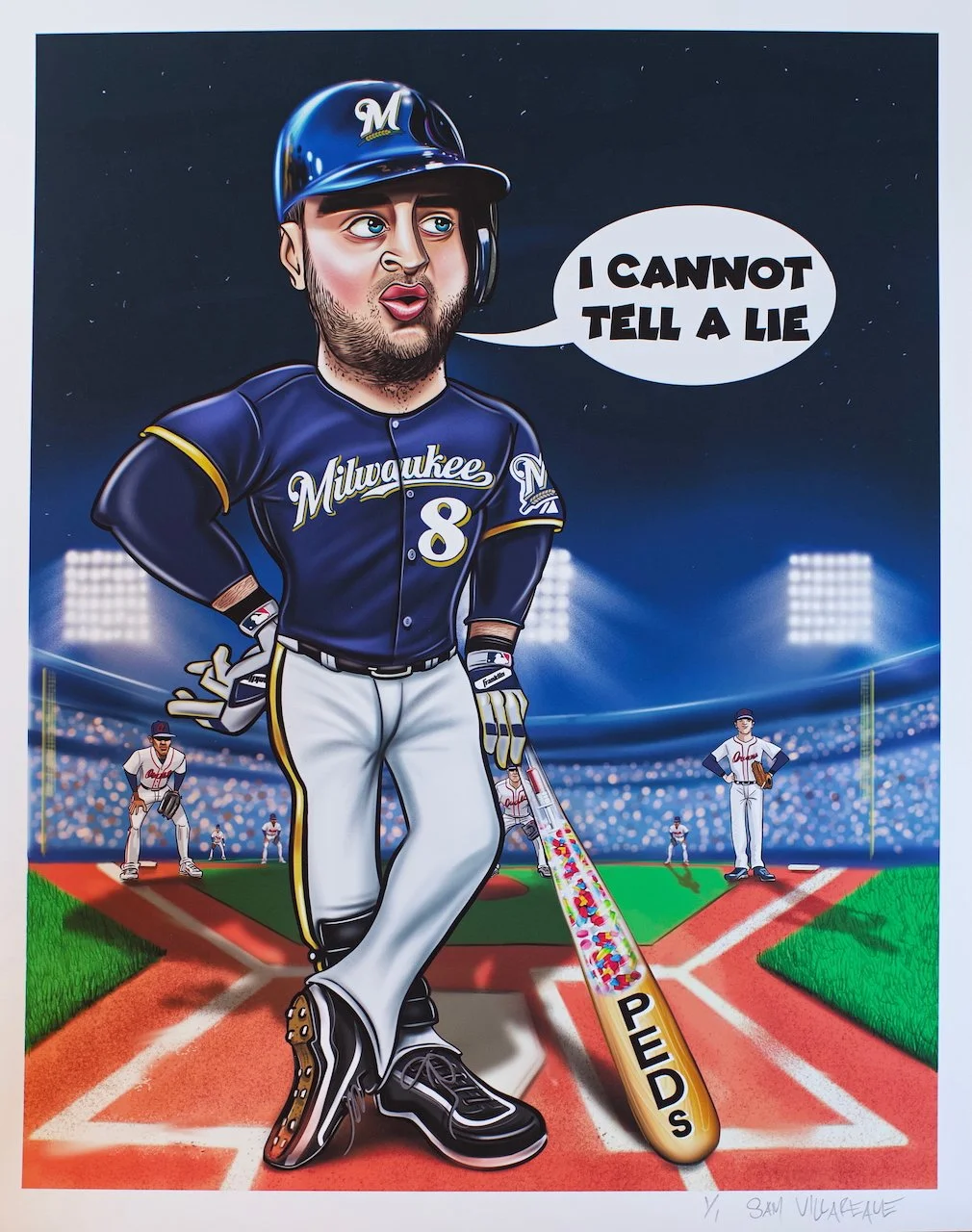 Cartoon baseball player in Milwaukee Brewers uniform on the field, with a speech bubble saying 'I CANNOT TELL A LIE'.