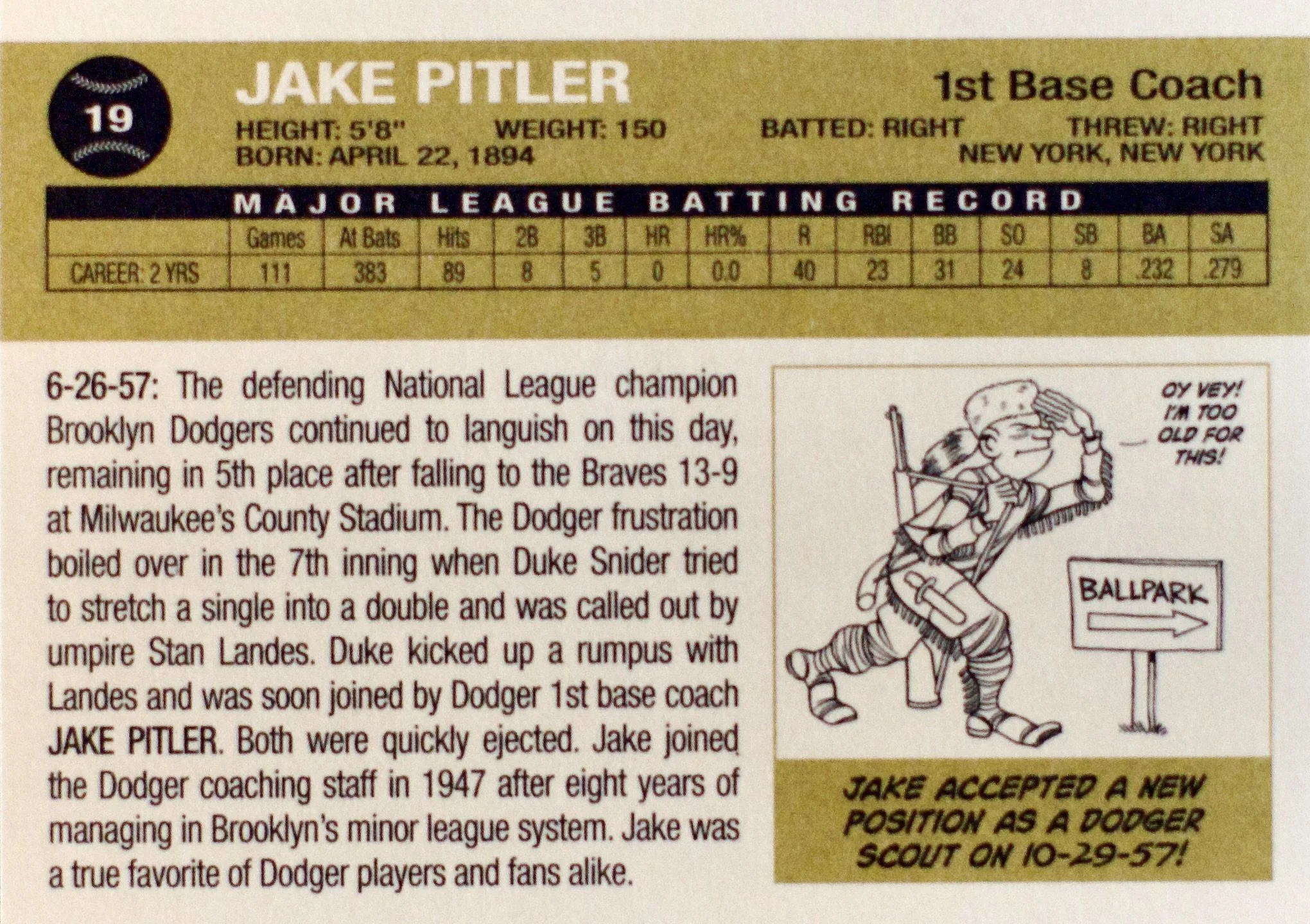 Close-up of a baseball card featuring Jake Pitler, a former baseball player and coach, with his career statistics and an illustration of him sitting on a bench.