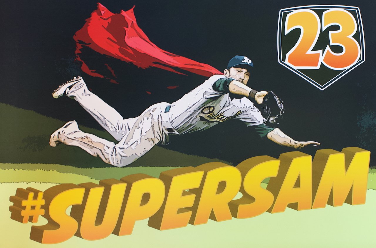 Illustration of a baseball player diving and reaching for a ball, with a red cape flowing behind him, the number 23 on a shield, and the hashtag #SUPERSAM in bold yellow and orange letters.