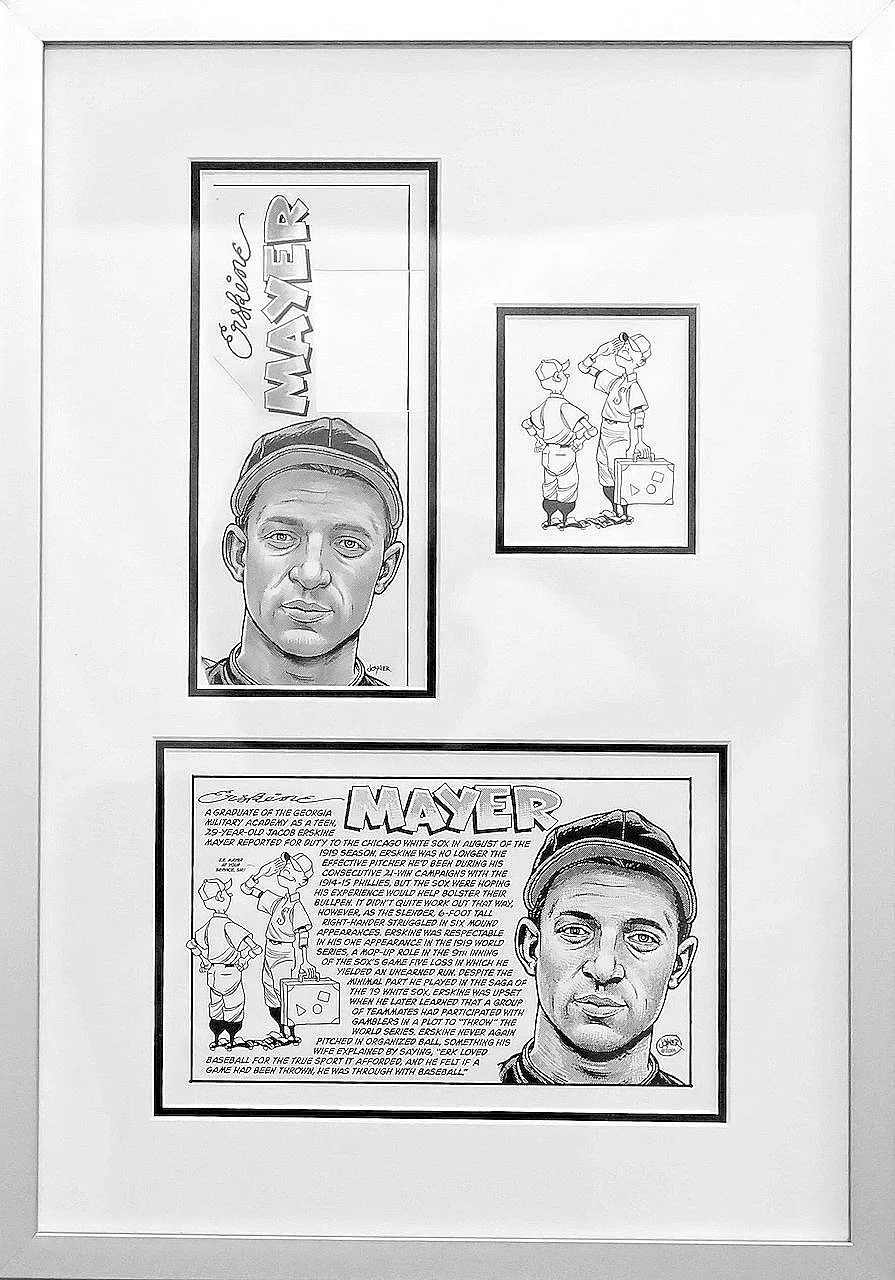 Black and white illustration of a man's portrait, a comic strip about a baseball player named Mayer, and a humorous drawing of two baseball players.