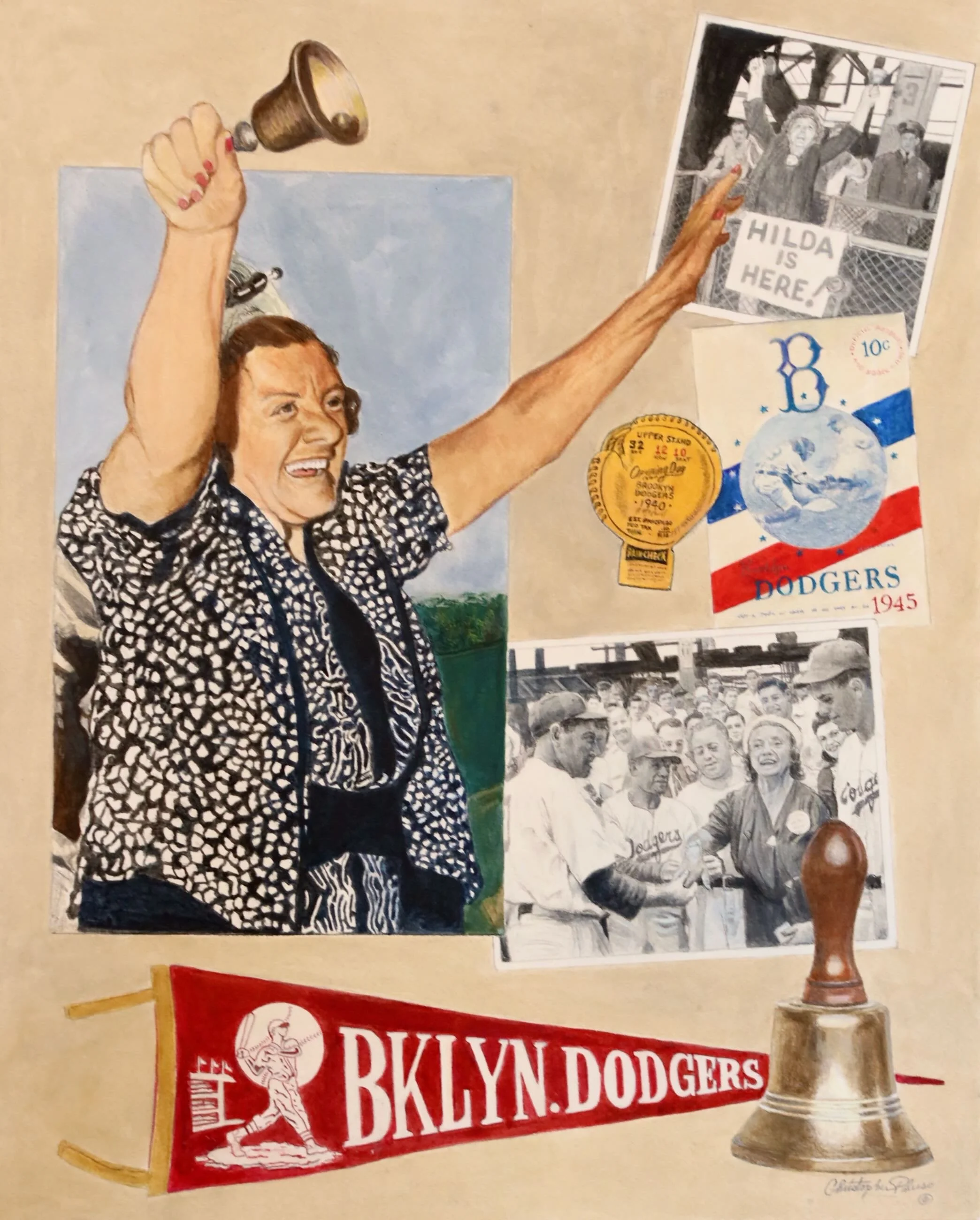 A vintage painting of a woman with short hair and red nails, smiling and raising a bell. Behind her, there are historical posters including one with a sign saying 'Hilda is Here' and another with the Brooklyn Dodgers logo and a baseball. There is also a hand-held bell on a stand in the foreground.