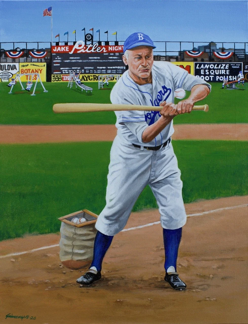 Painting of a man in vintage baseball uniform swinging a bat at a baseball on a baseball field, with a baseball park scoreboard and advertising signs in the background.
