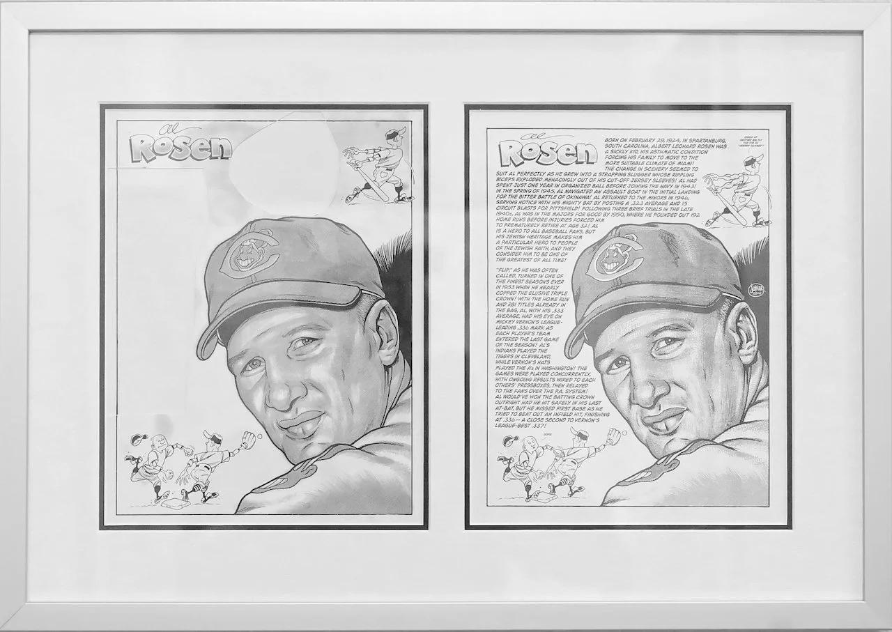 A framed collage featuring two images and detailed biography of a baseball player named 'All Rosen'. The left side shows a caricature portrait of a man in a baseball cap with the Chicago Cubs logo, surrounded by smaller illustrations of baseball action. A logo and slogan 'All Rosen' appear at the top. The right side contains a text biography, also with smaller baseball illustrations at the bottom.
