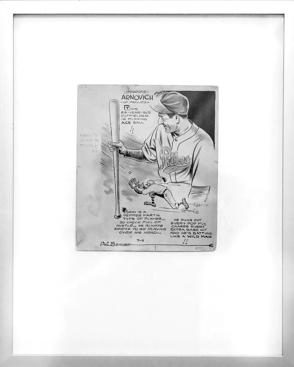 Black and white illustration of a baseball player in uniform and cap holding a bat, with a small player running behind him. The illustration includes handwritten notes and captions about the player, Moris Arnovich, highlighting his playing style and personality.
