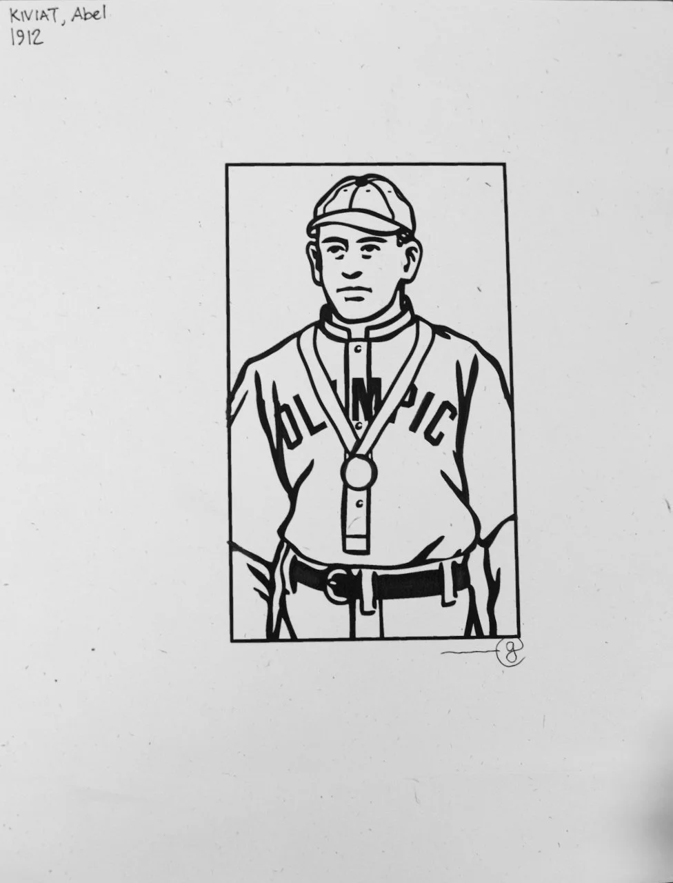 Black and white illustration of a young baseball player wearing a vintage uniform with the word 'VULCANIC' across the chest, a cap, and a medal around his neck, with a serious expression.