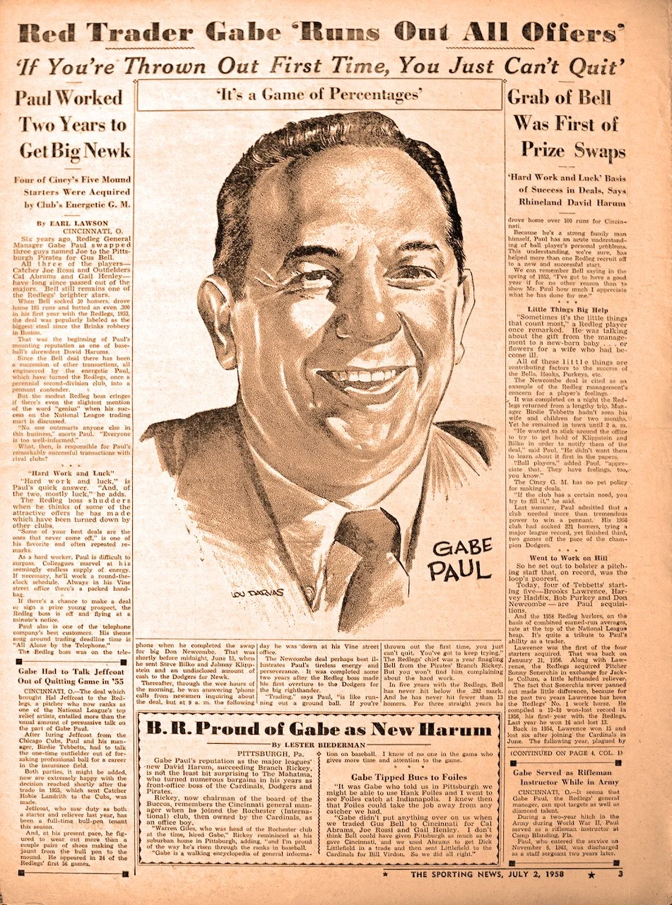 Front page of a newspaper featuring a large portrait drawing of Gabe Paul, a baseball manager, with headlines and articles about his career and achievements, dated July 2, 1958.