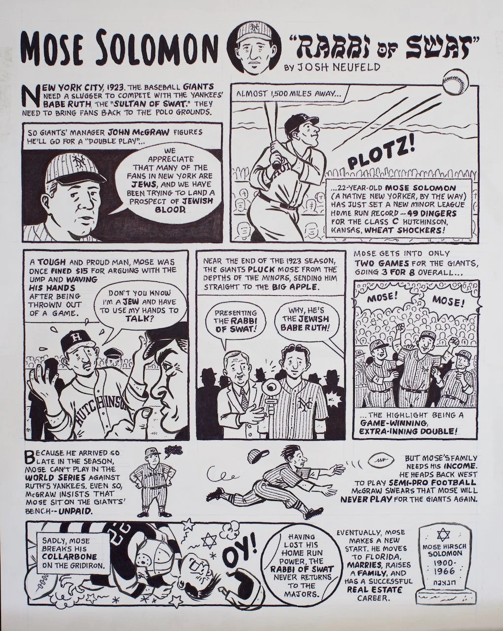 Black and white comic strip illustrating the story of Mose Solomon, a Jewish baseball player, with panels depicting moments from his career and personal life, including a game-winning double, family, and career milestones.