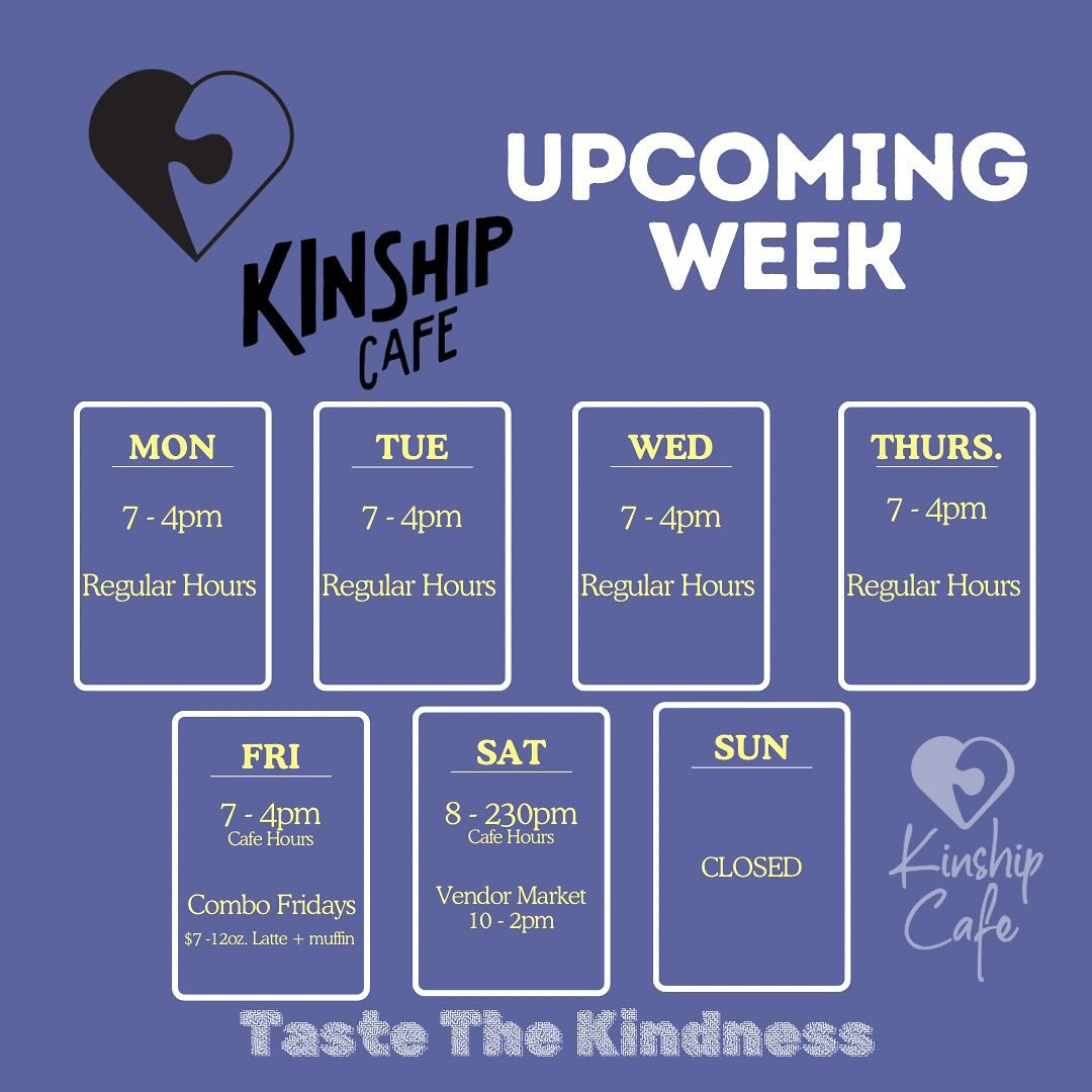 Good Vibes This Week! 

Fall is HERE! 

At Kinship we value this season with seasonal drinks that go perfect for this time of year! Swing by ANYTIME between 7-4 pm through the weekdays and 8-2:30pm on Saturdays. The commitment to good vibes ONLY is s