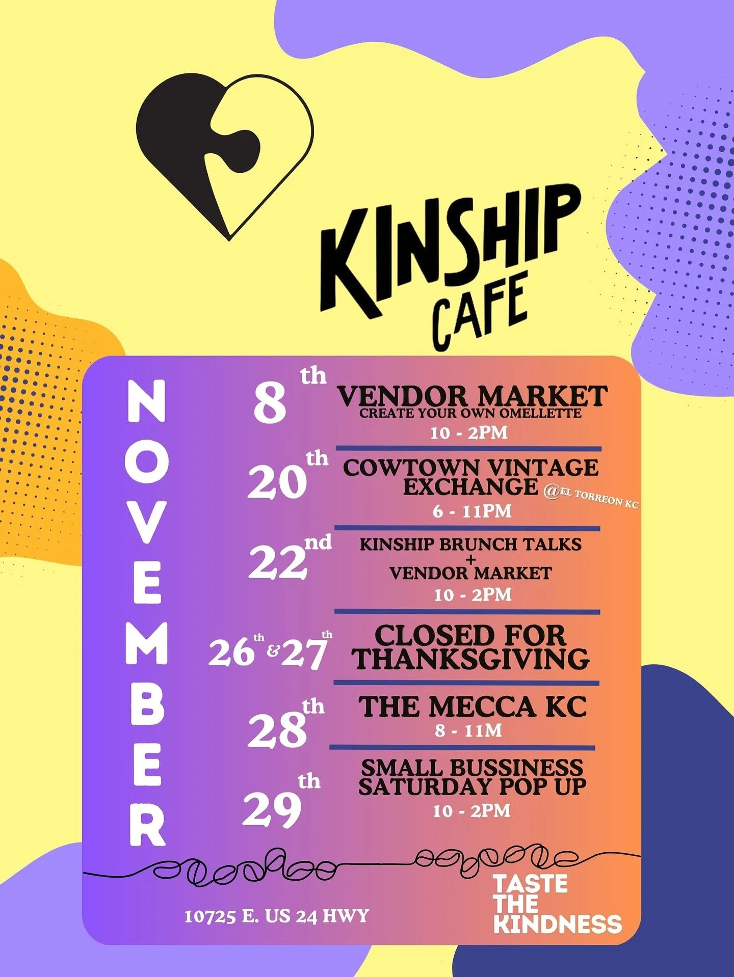 November Events

We got us some events this month and we are so excited to tell you about it! 

8th - Vendor Market - 
Enjoy vibes with us as we serve an omelette station with vendors from 10 - 2pm! 

20th. - @cowtown.revival Vintage Exchange - 
Come