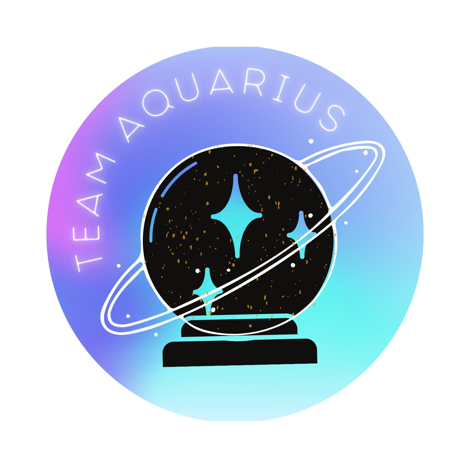 A neon-style emblem featuring a globe with stars in a black sky, surrounded by a white planetary ring, and the words "TEAM AQUARIUS" in a circular arrangement around the globe.