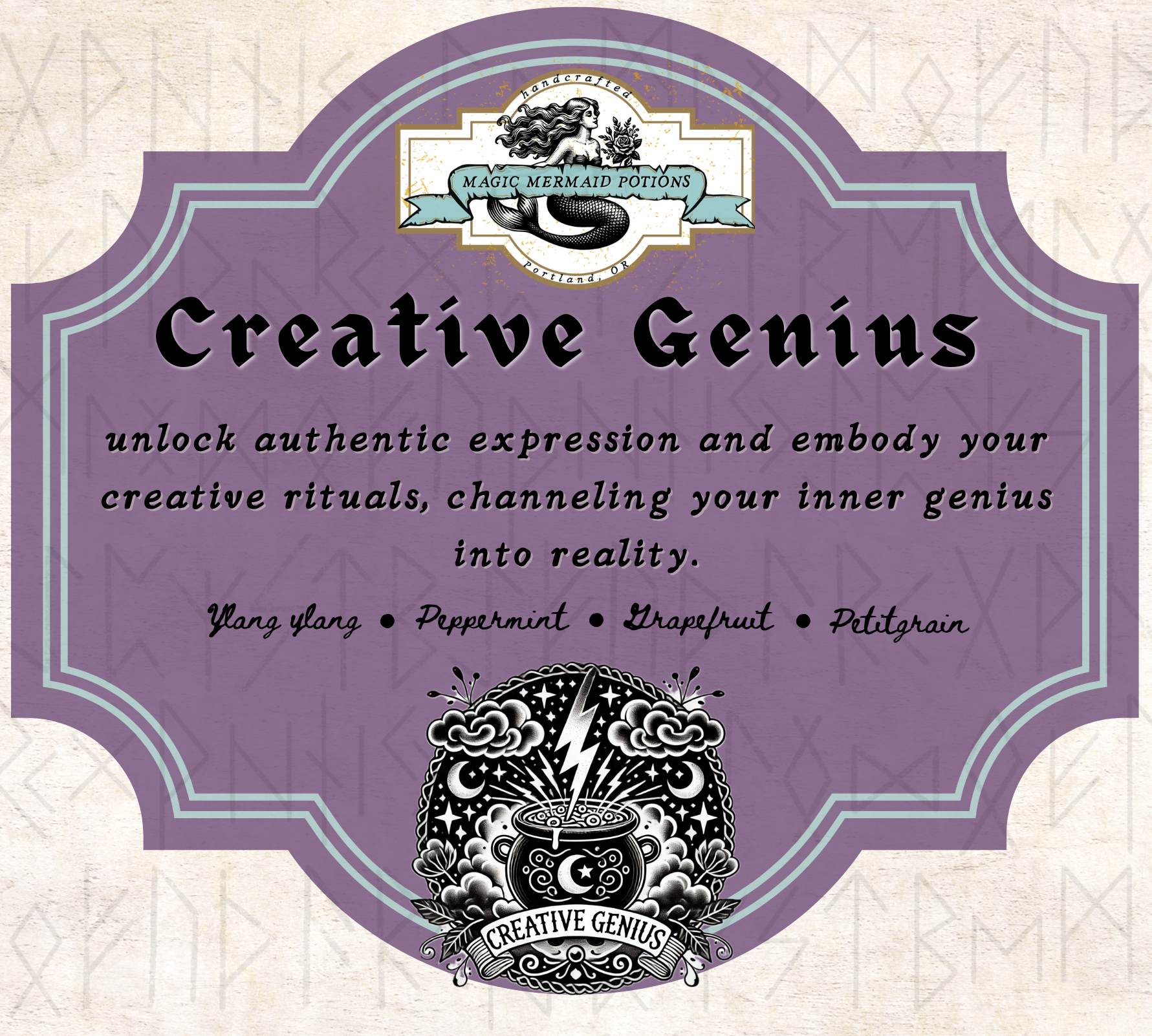 Label for 'Creative Genius' with a purple background, featuring a logo at the top with a mermaid, and an illustration of a cauldron with clouds and lightning at the bottom, promoting essential oils and creative expression.