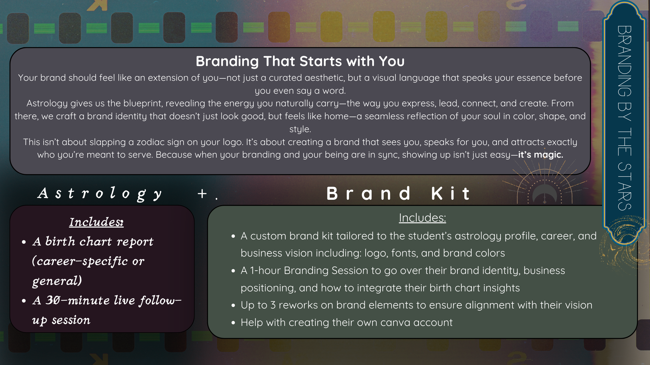 A promotional graphic about branding and astrology, featuring a dark background with colorful symbols and text. The text emphasizes creating a brand that feels like an extension of oneself, inspired by astrology. It details a brand kit service includ