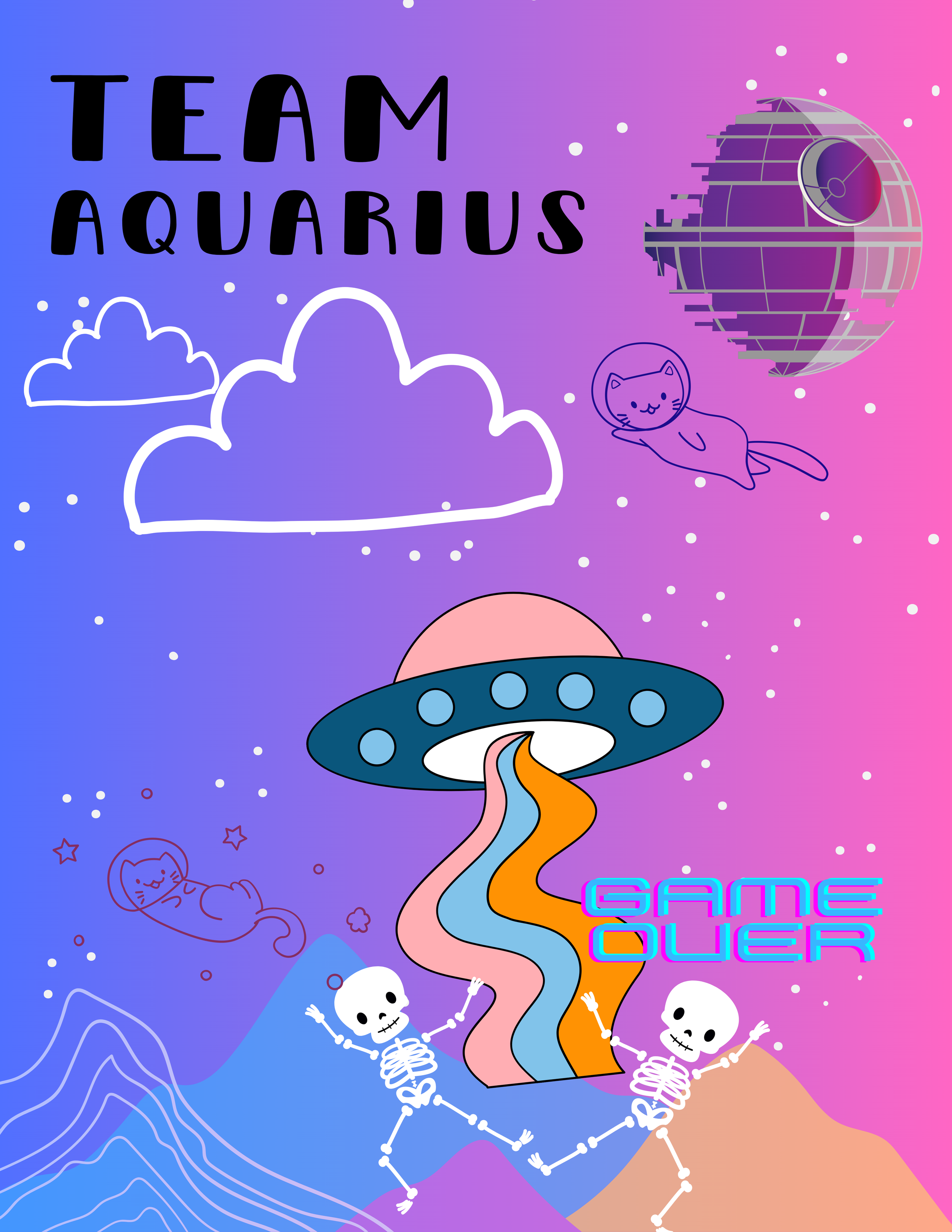 Colorful space-themed illustration featuring UFO, alien symbols, planets, skulls, clouds, and the text 'Team Aquarius' and 'Game Over' in neon style.