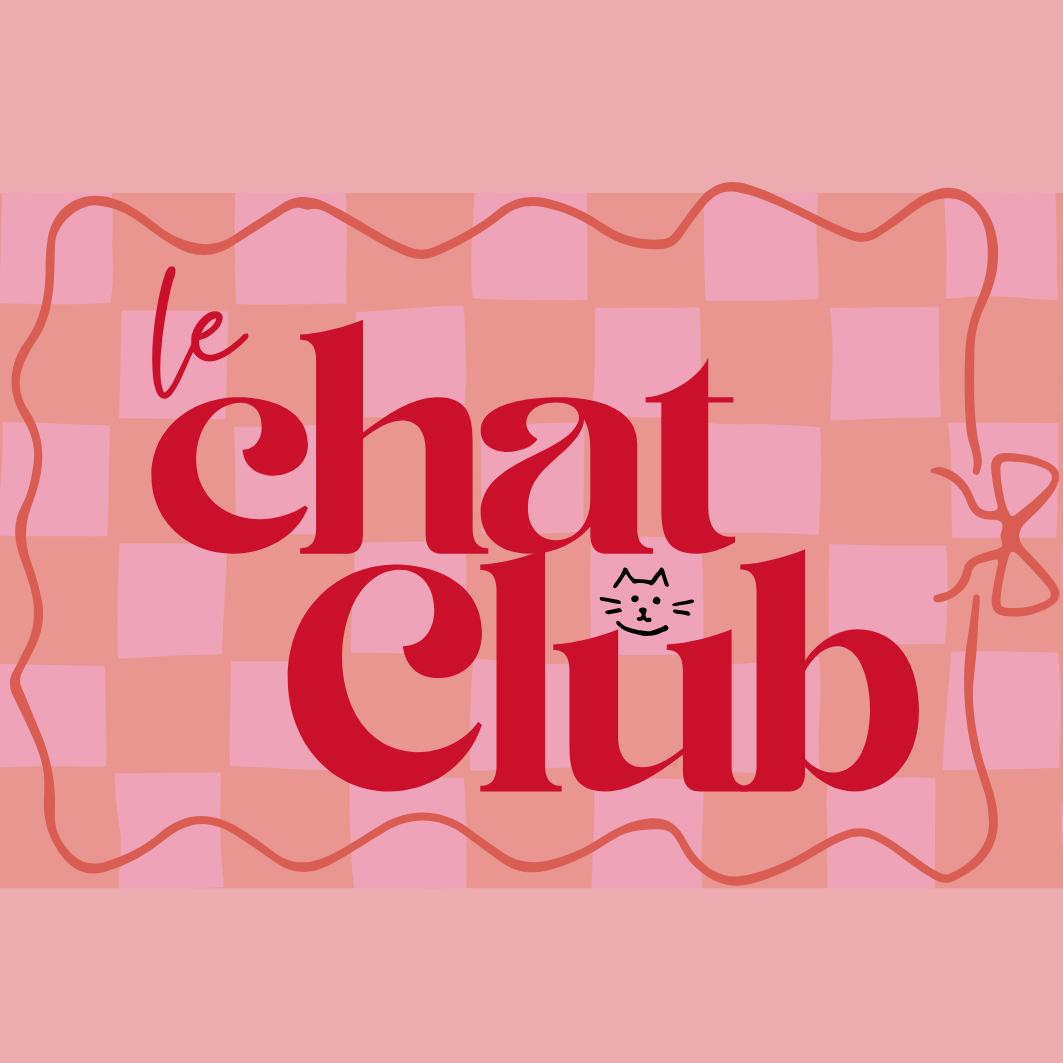 Le Chat Club — a cute, retro cat-café brand kit. Pink gingham, cherry red, and a little cat face, editable in free Canva. Tap to shop on Etsy →