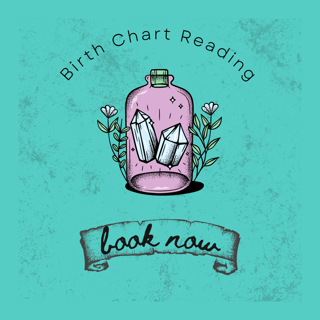 A promotional graphic for a birth chart reading, featuring an illustrated purple bottle with crystals inside, surrounded by flowers, with the text 'Birth Chart Reading' above and 'book now' on a banner below.