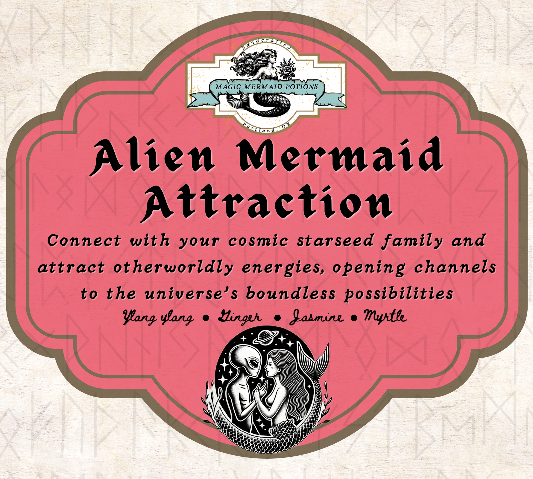 Sign for the Alien Mermaid Attraction, featuring a mermaid with a fish tail and an alien with a large head, standing face to face and touching hands, with a starry background and a planet with rings. The sign includes a logo for 'Magic Mermaid Potion