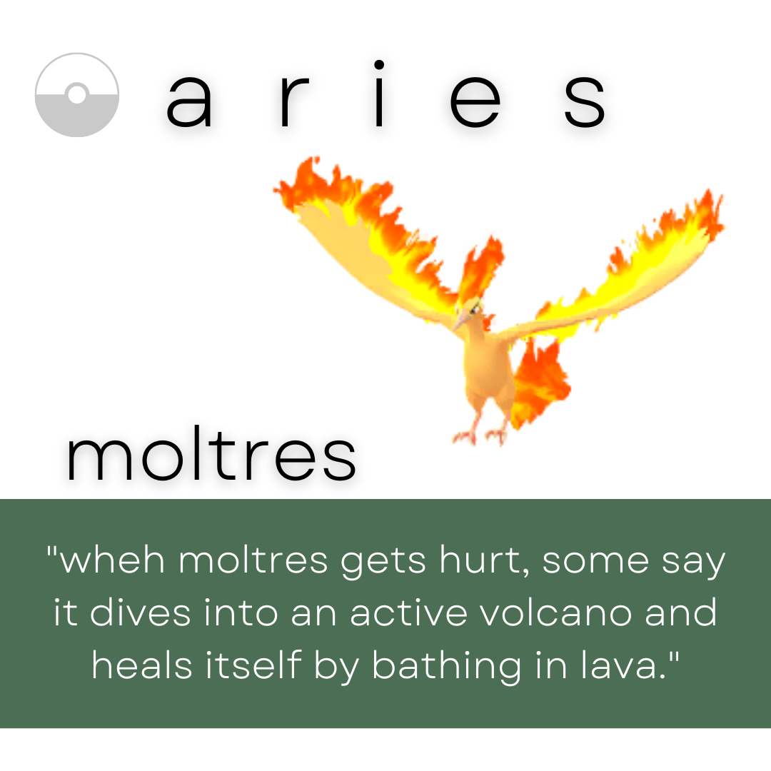 Image of a fiery phoenix with wings spread wide, accompanied by the word 'aries' at the top and 'moltes' at the bottom, with a quote about Moltres, a fire-type Pokémon, in a green text box.