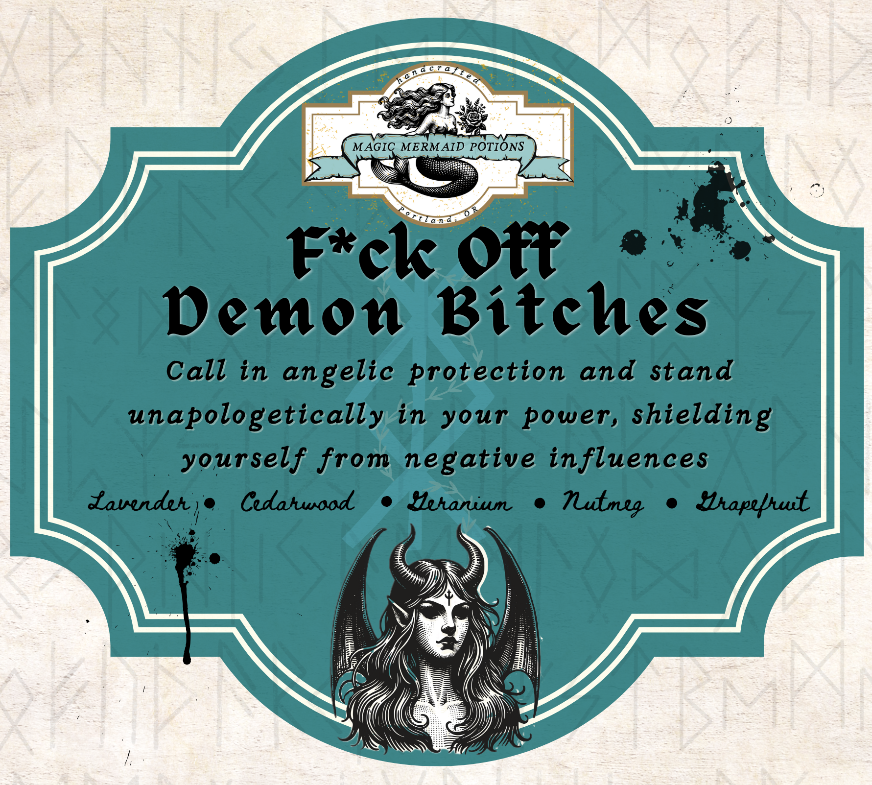 A potion label with a fantasy-style illustration of a female demon with horns and wings, surrounded by black ink splatters and containing text promoting magical potions for protection against negative influences.