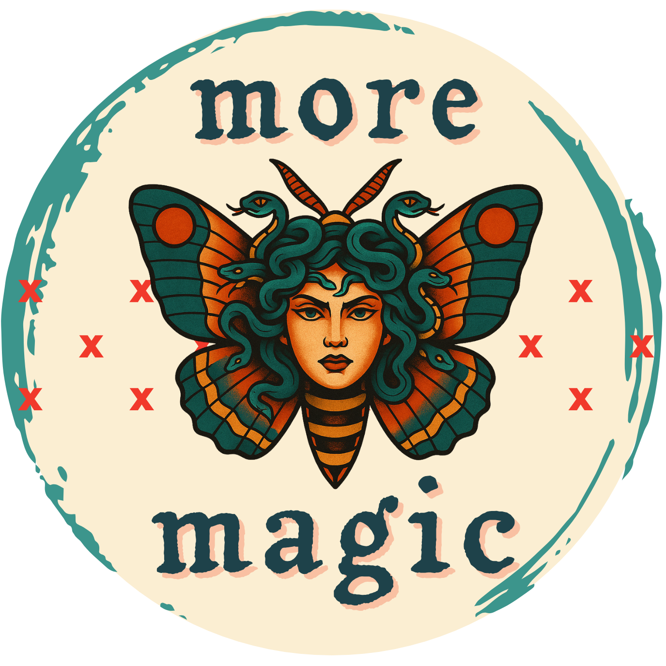 A circular design featuring a central woman with a serious expression, surrounded by butterfly wings and snake-like hair, with the words 'more magic' above and below.