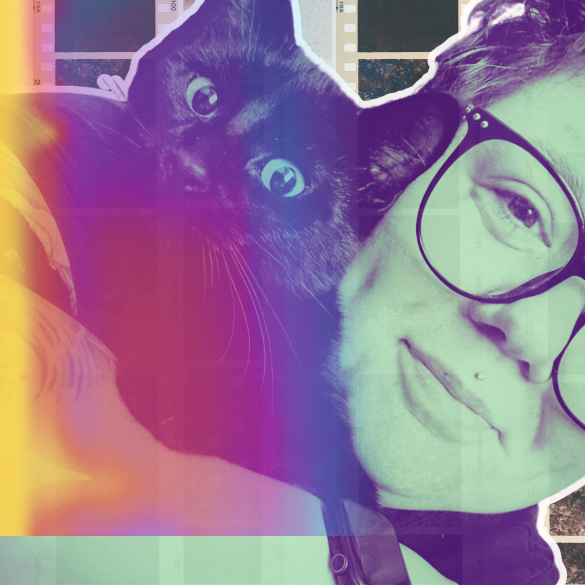 A woman with glasses and a nose piercing lying down next to a black cat, both looking at the camera, with a rainbow filter over the image.