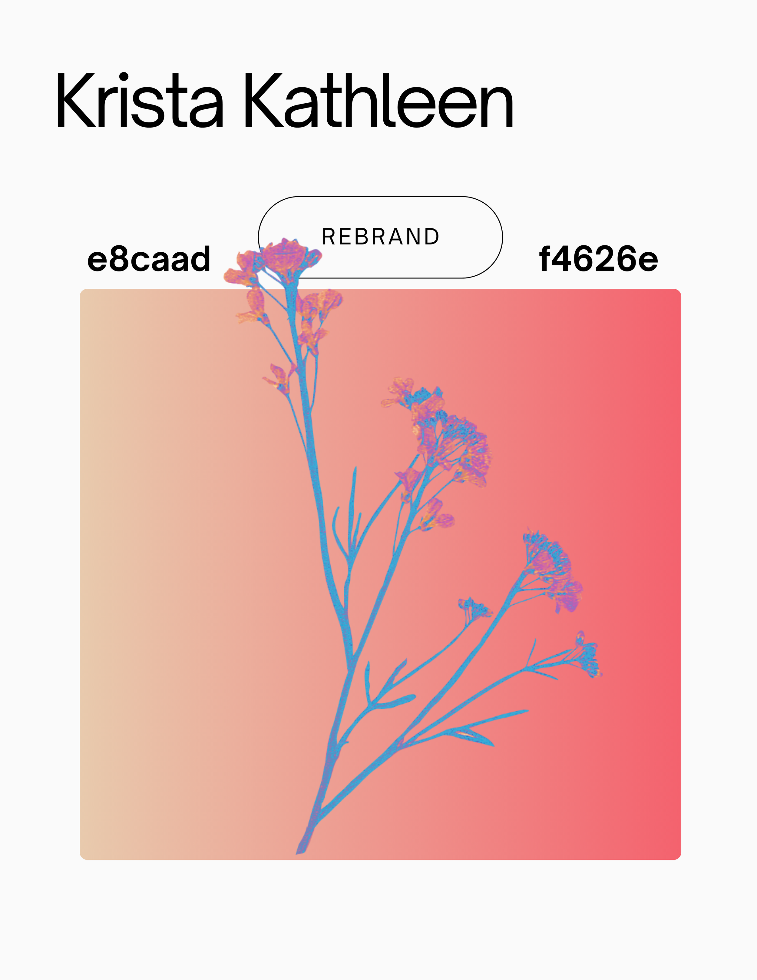 A graphic rebranding illustration with a flower outline in blue on a pink-to-peach gradient background, featuring text 'Krista Kathleen', 'REBRAND', and placeholder code 'e8caad' and 'f4626e'.