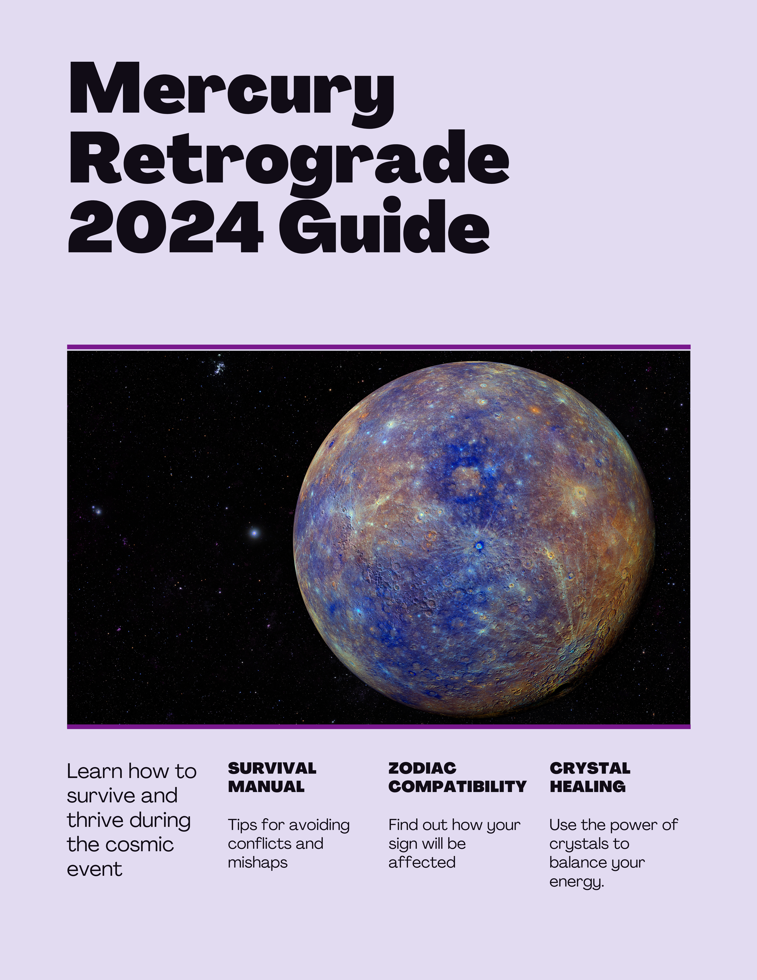 Cover page of the Mercury Retrograde 2024 Guide featuring an image of Mercury on a space background with sections on survival manual, zodiac compatibility, and crystal healing.