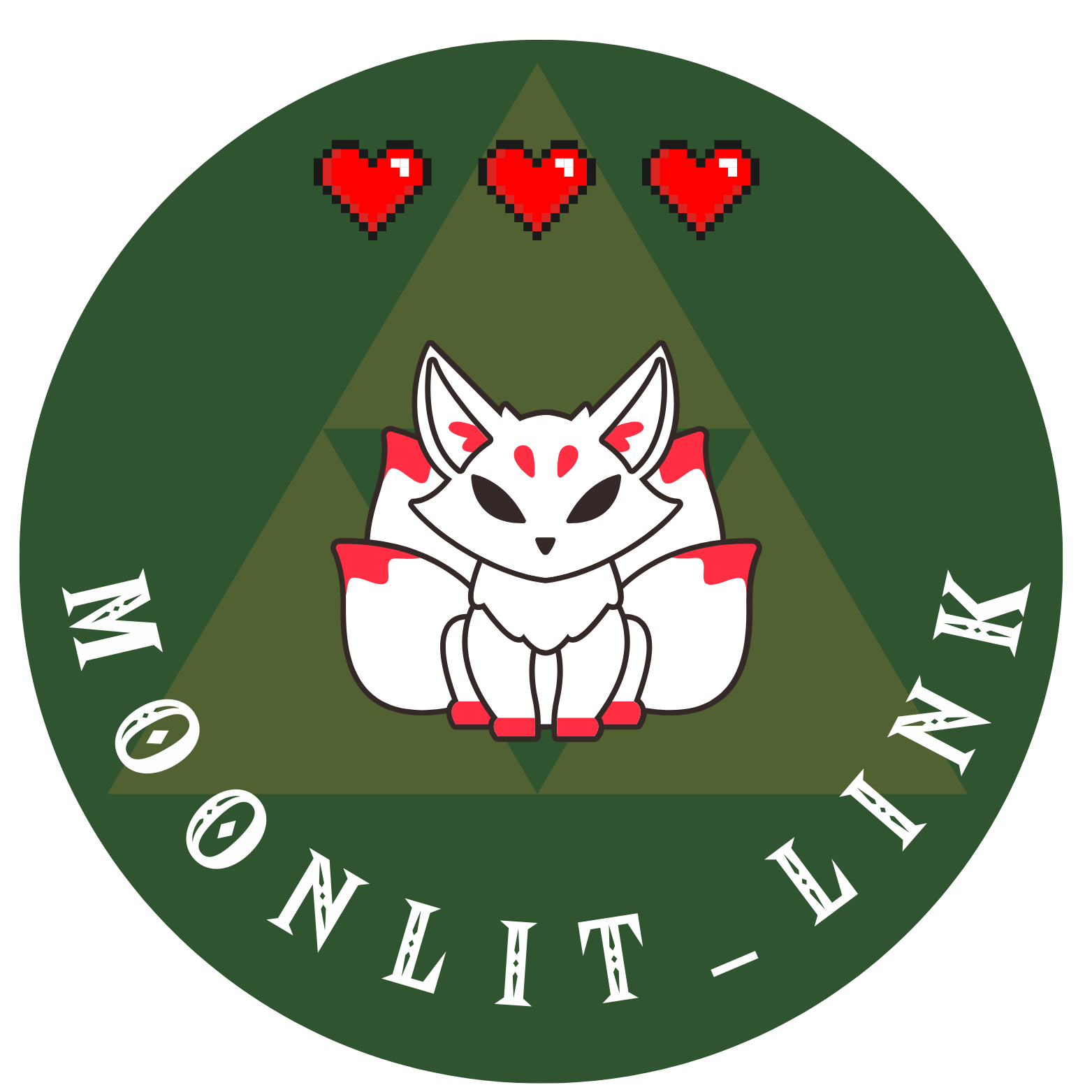 A circular badge with a green background and a central illustration of a white fox with black eyes and red markings on its face, and wings. Above the fox are three red pixelated hearts. The text around the circle reads 'LONLIT-MOORE' in white stylize