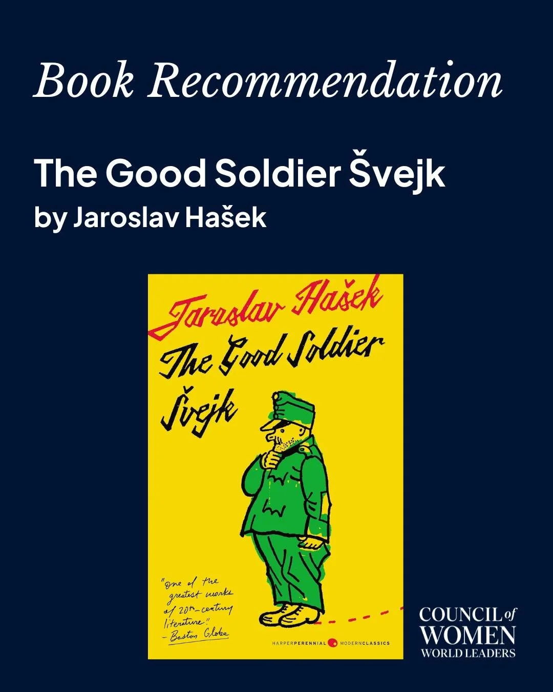 In the Stories of Women Who Lead conversation, former Prime Minister of Iceland Katr&iacute;n Jakobsd&oacute;ttir shared a book that has stayed with her: The Good Soldier &Scaron;vejk by Jaroslav Ha&scaron;ek.

Through satire and irony, the novel exp