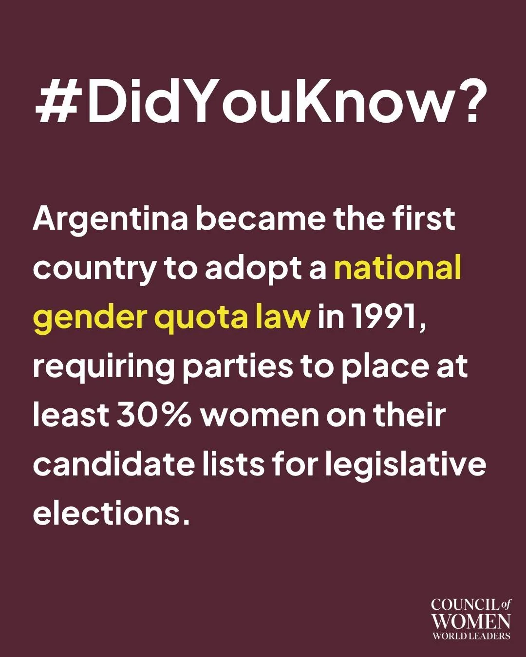 Argentina made history in 1991 as the first country in the world to adopt a national gender quota law.

The law required political parties to include at least 30% women on their candidate lists for legislative elections, helping set a precedent for g