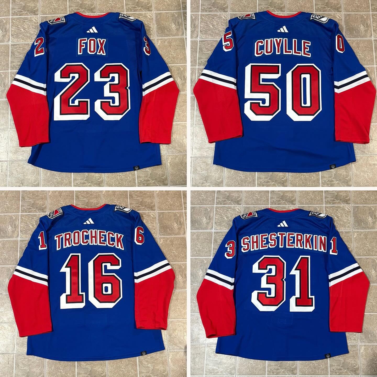 Here&rsquo;s a batch or Rangers Reverse Retros I&rsquo;ve stitched up recently. All were sent as blanks, except Shesterkin, which was stripped from a factory customized Panarin.

All kits made in-house.

#adamfox #willcuylle #igorshesterkin #vincentt