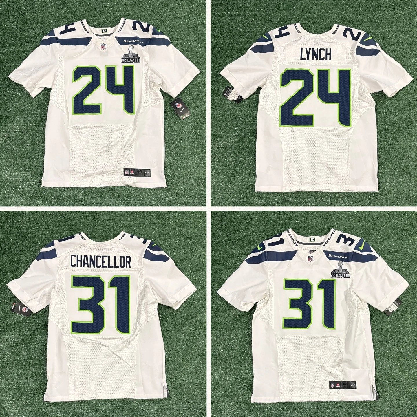 Kam Chancellor &amp; Marshawn Lynch Seahawks Super Bowl 48 Jerseys
 
One of the first true &ldquo;Nike&rdquo; designs has lasted Nike&rsquo;s entire tenure as the NFL&rsquo;s jersey manufacturer, in part due to the Seahawks playing in 3 Super Bowls a