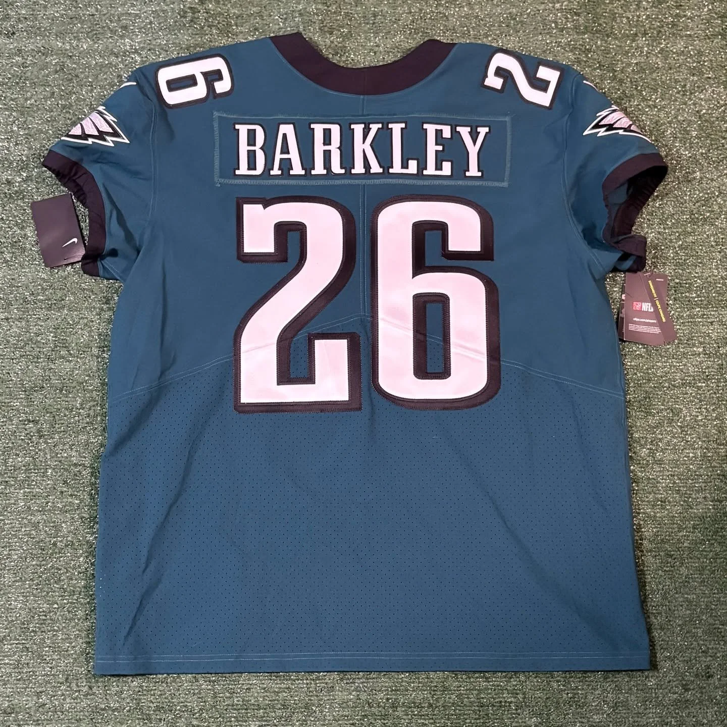 Saquon Barkley Eagles Home Jersey
 
The factory-customized elite jerseys used an odd condensed variation of the Eagles letter font that looks terrible and isn&rsquo;t even used on the game jerseys. I used the proper full-size variation.

Full customi