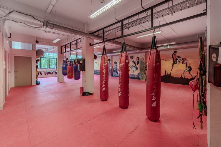 The downstairs training floor at JAI Thai Boxing Auckland CBD, with heavy bags, matted floor and wall murals