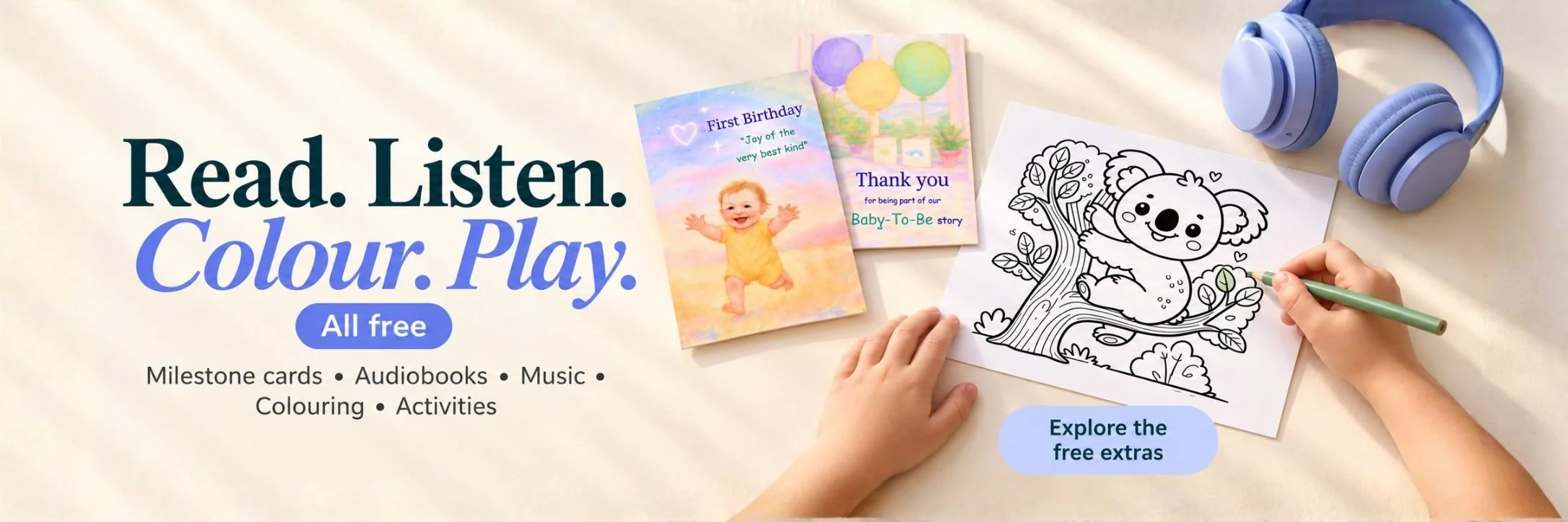 A child colours a koala beside periwinkle headphones and pastel milestone and thank you cards. Little Petal Press banner reads: “Read. Listen. Colour. Play. All free.” Explore free milestone cards, audiobooks, music, colouring pages and activities.