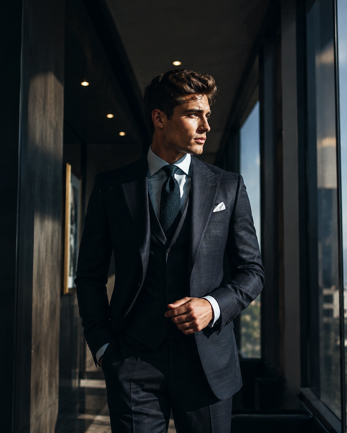 A man in a dark suit and tie, standing in a modern building with large windows, looking out.