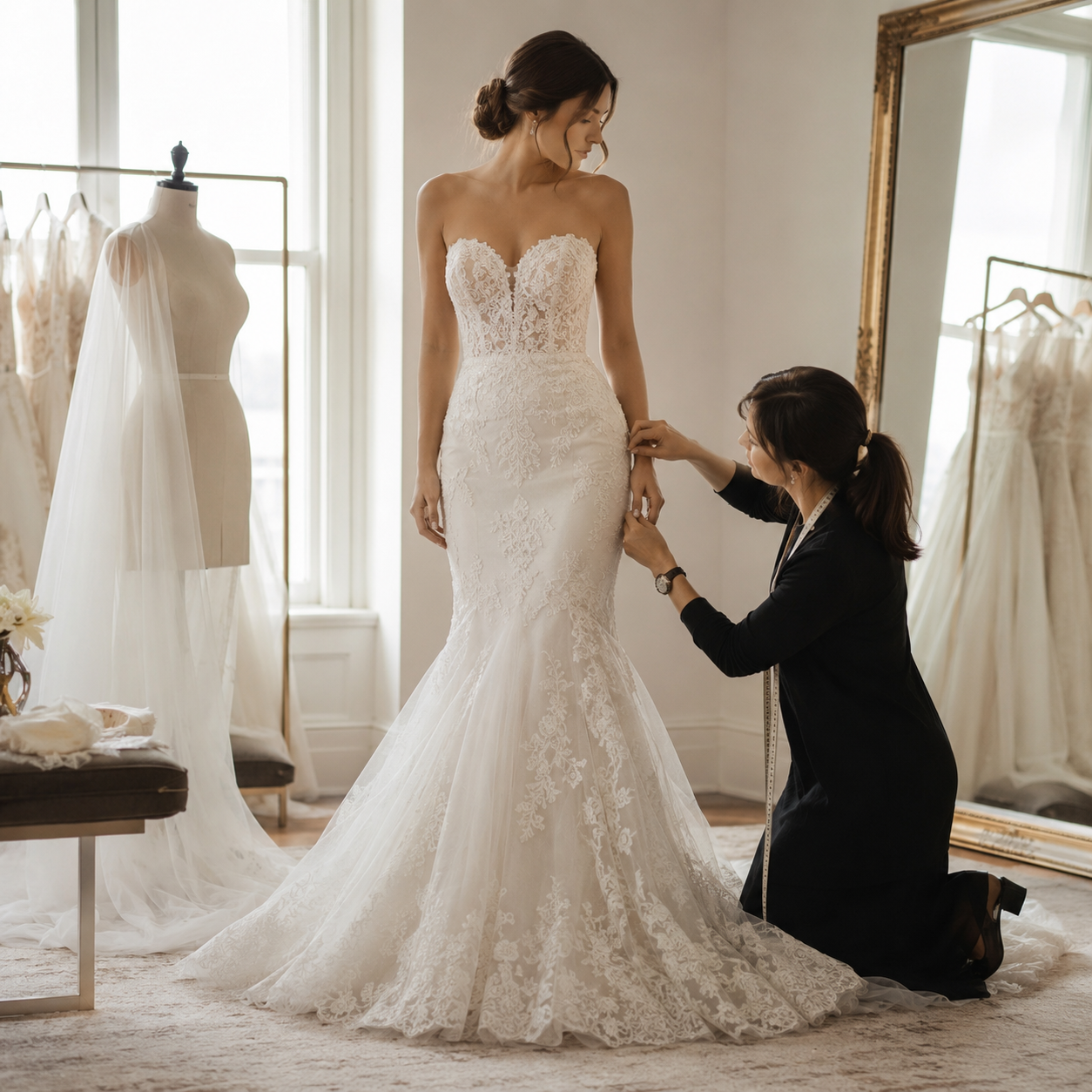 A bride trying on a wedding dress with a fitting professional adjusting the gown in a bridal boutique filled with wedding dresses and a large mirror.