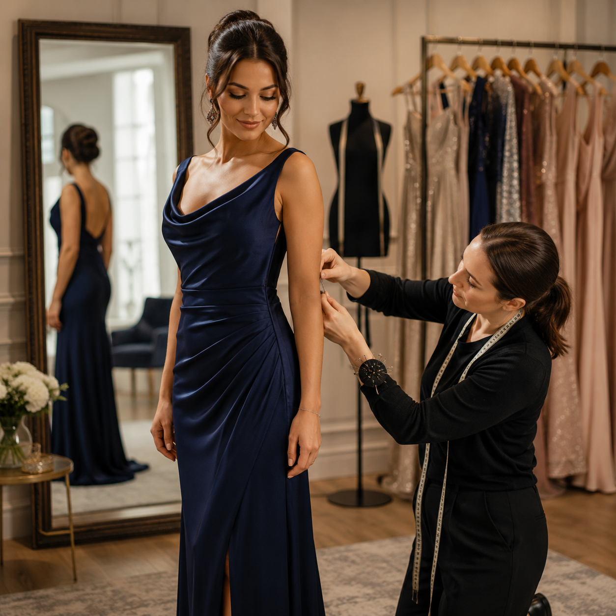 A woman in a navy blue evening gown is fitting the dress with help from a tailor in a fitting room surrounded by other dresses and a mirror.
