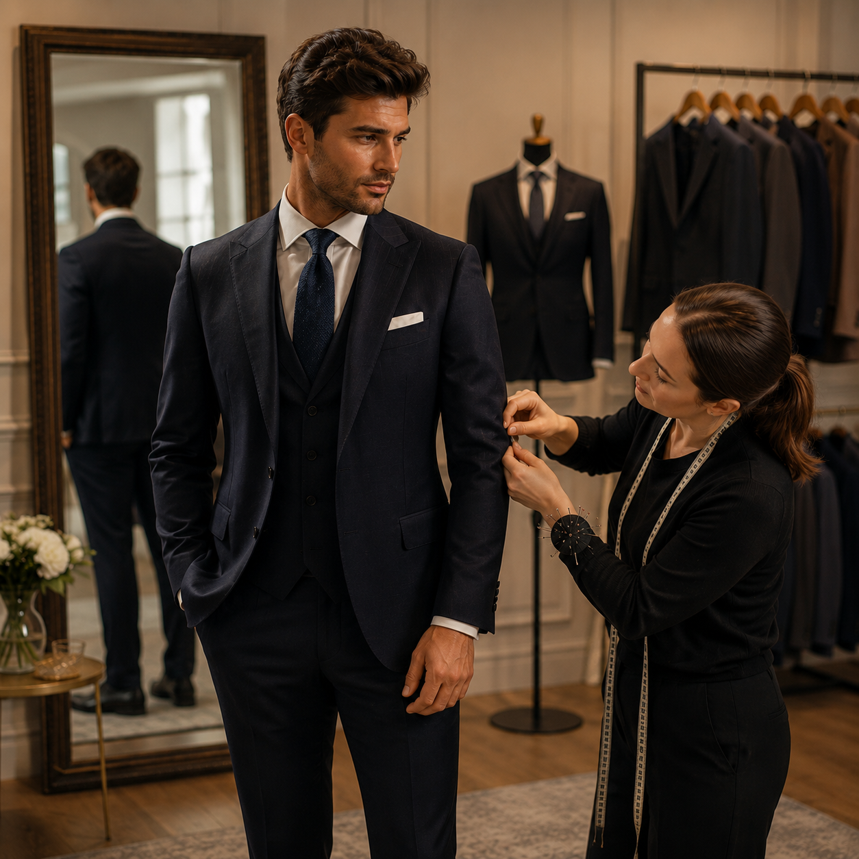 A man in a dark suit getting fitted for a suit by a woman in a black outfit in a clothing store.