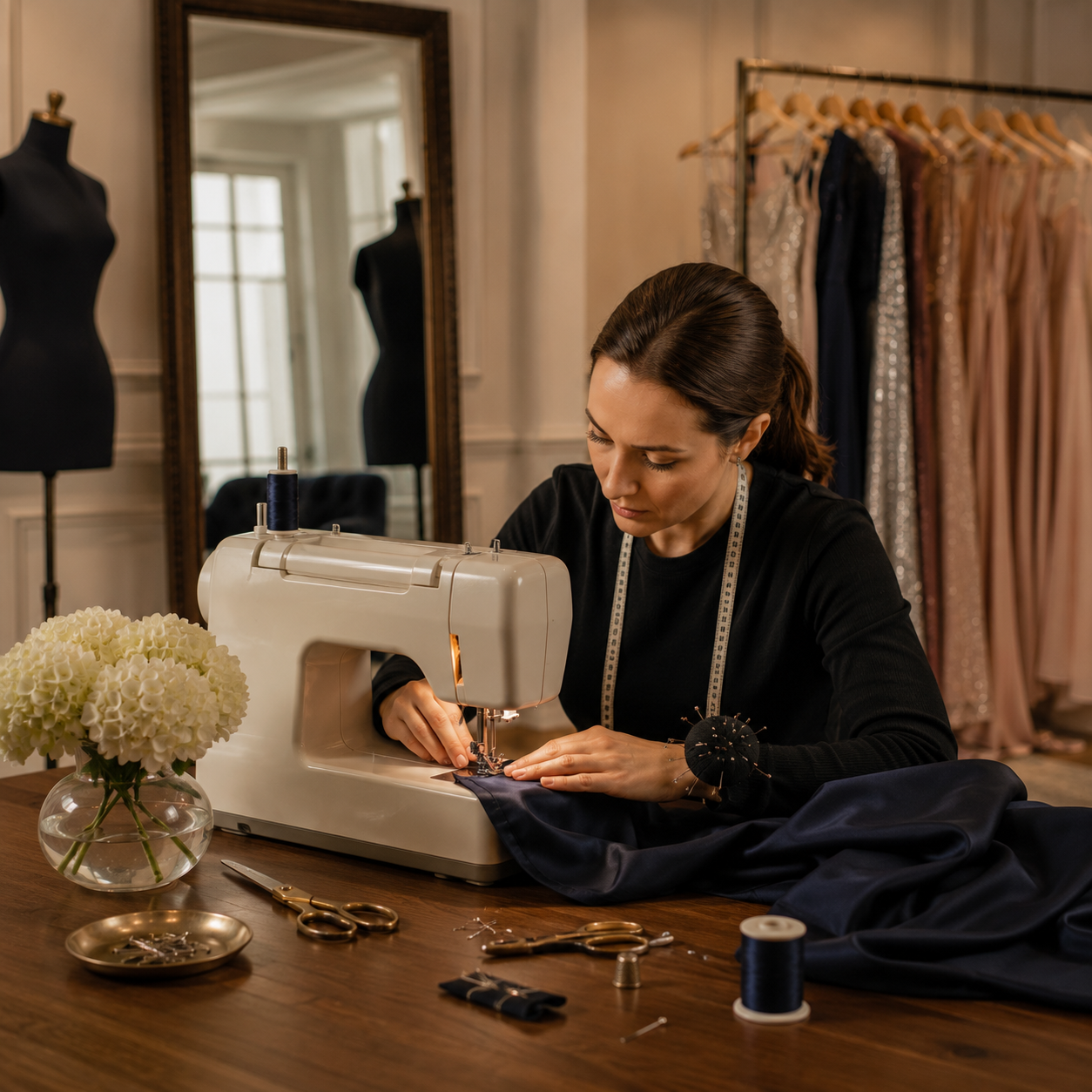 A woman sewing fabric on a sewing machine in a fashion design studio, with dresses hanging on a clothing rack in the background.