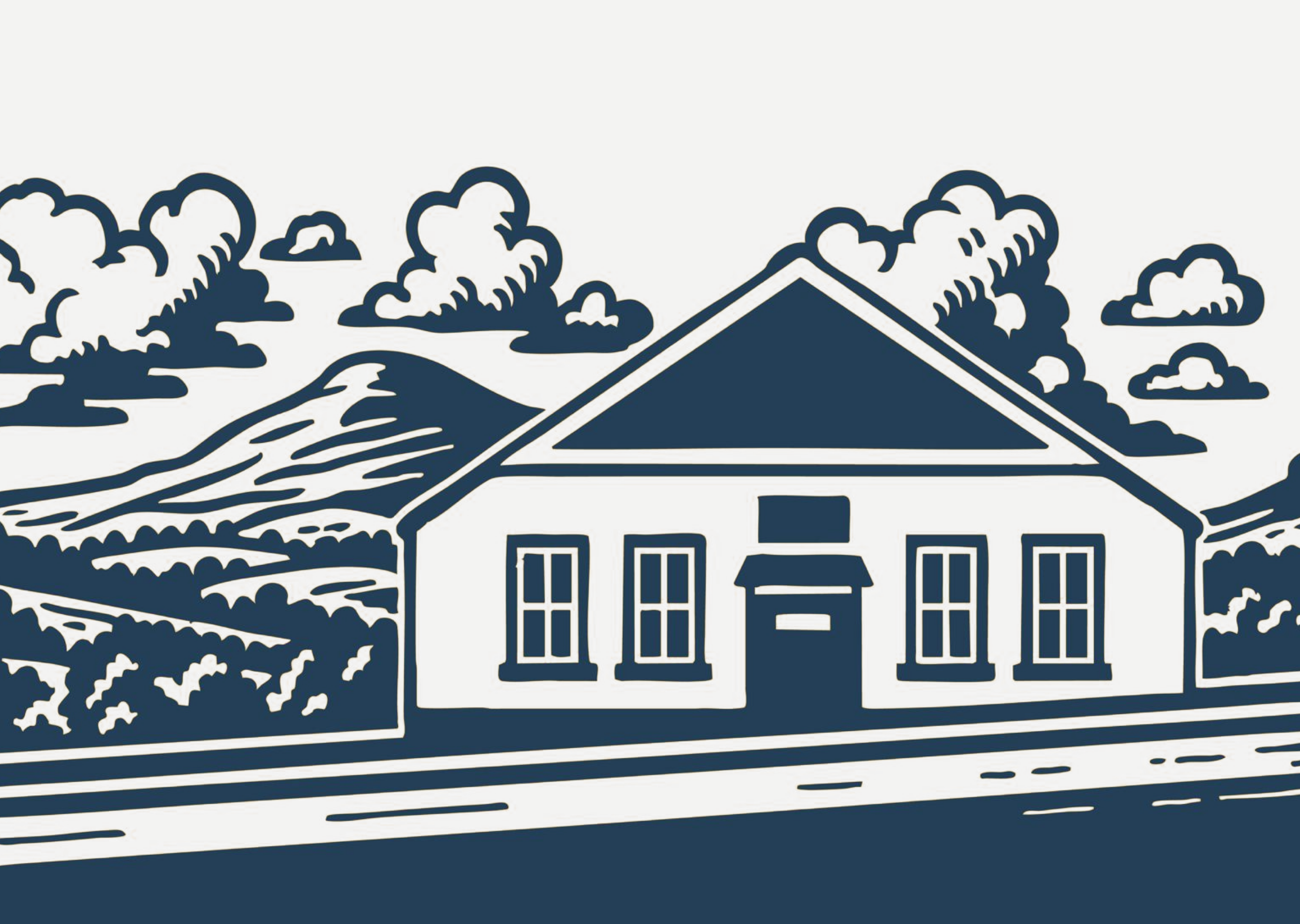 Graphic image of village hall on a hill with mountain in the background