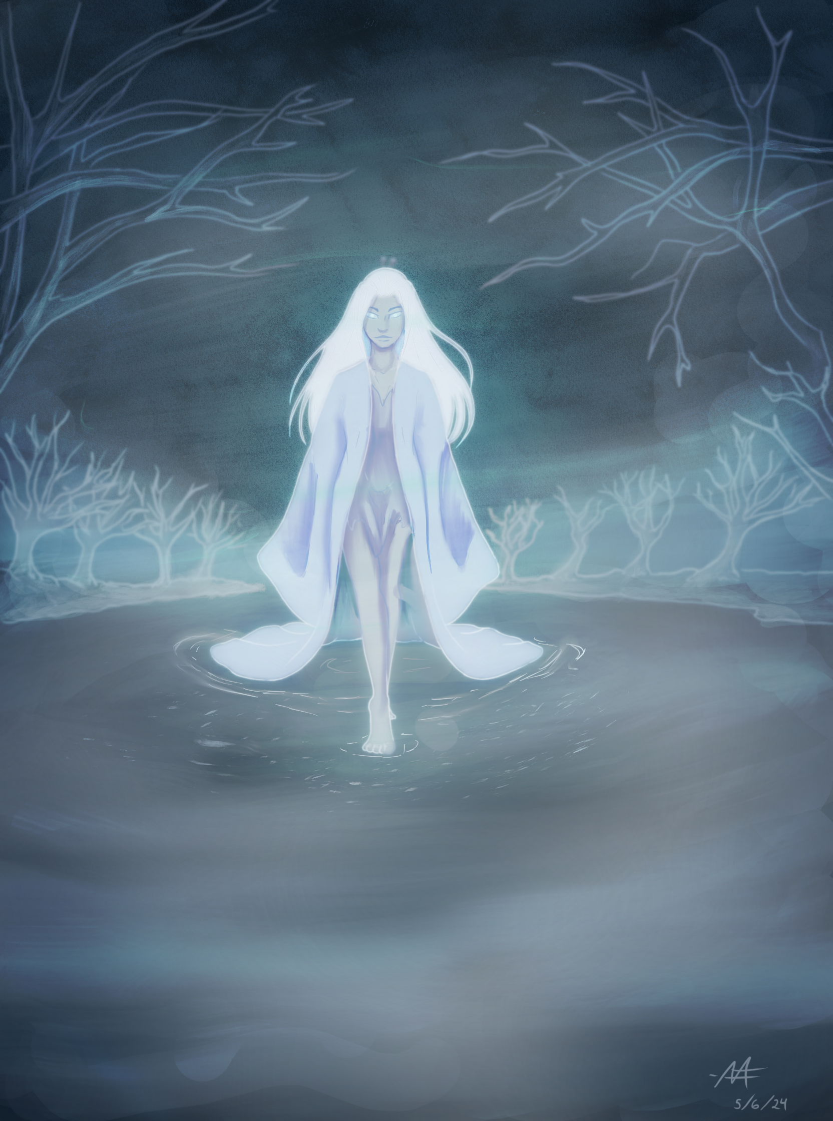 A Call from the Mists: A 2024 mermay prompt, this is an illustration of a haunting women walking on a still river as the mists encompass her.